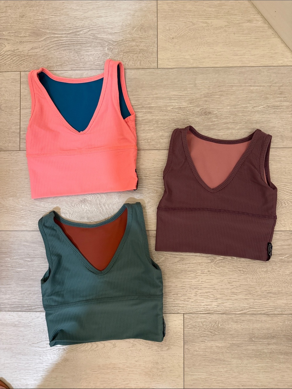 Tiger Friday Reversible Ribbed V-Neck Crop Tank Bundle - Coral, Olive, Mauve